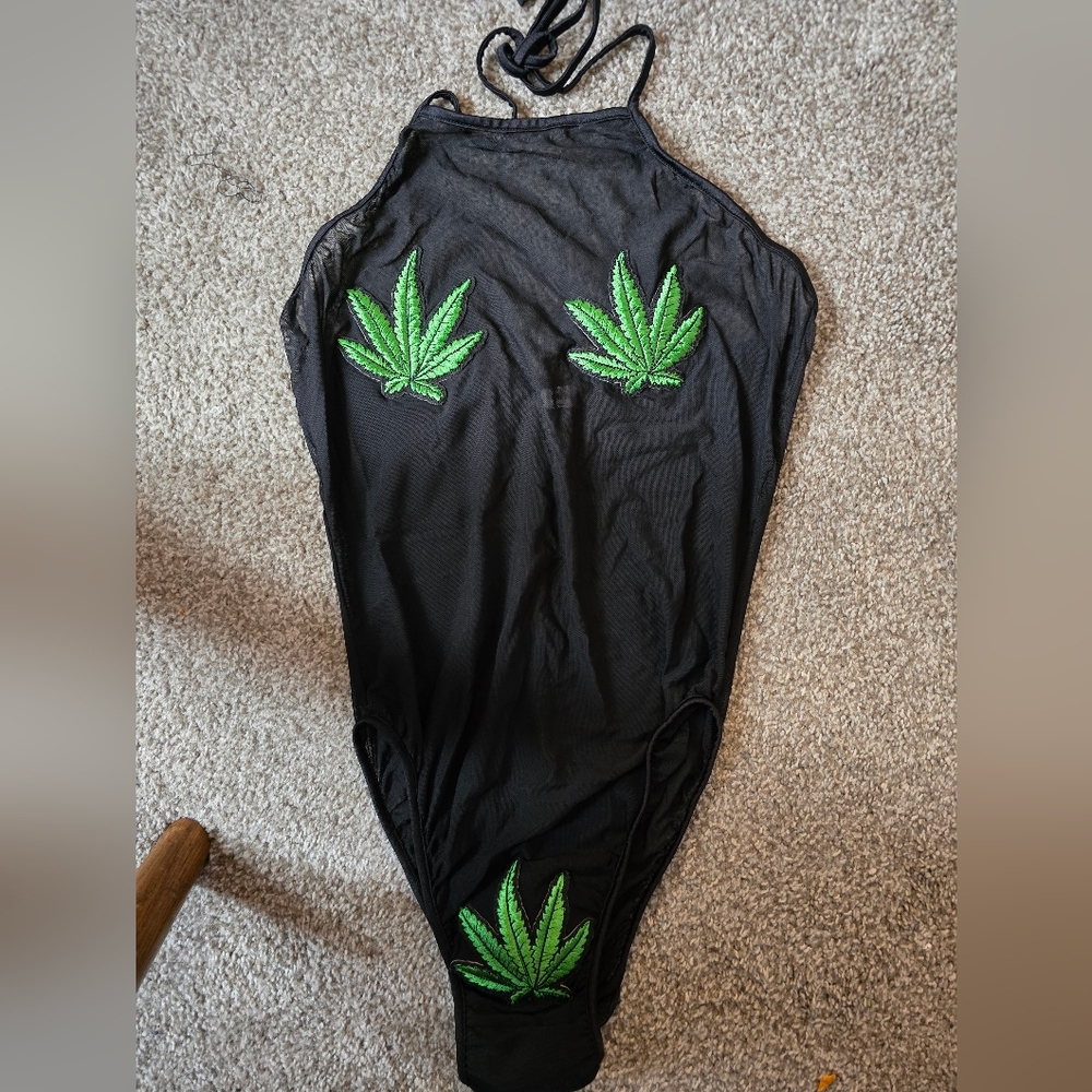 Mesh Halter Bodysuit Hemp Leaf Patch